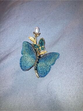 Gold-Tone Blue Butterfly Brooch with Pearl Accent
